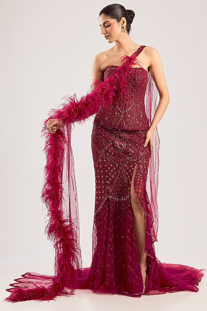 Red Tulle Net Bridal Lehenga Set by Dolly J at Pernia's Pop Up Shop