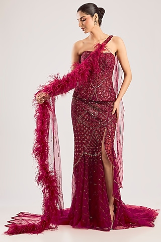 Red Tulle Net Lehenga Set by Dolly J