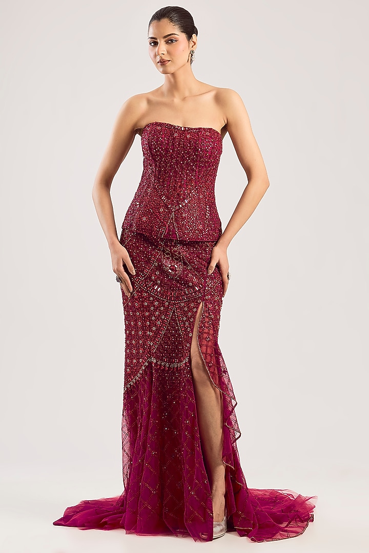 Red Tulle Net Bridal Lehenga Set by Dolly J at Pernia's Pop Up Shop