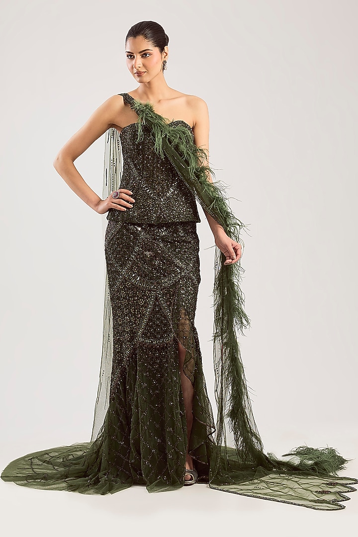 Olive Tulle Net Bridal Lehenga Set by Dolly J at Pernia's Pop Up Shop