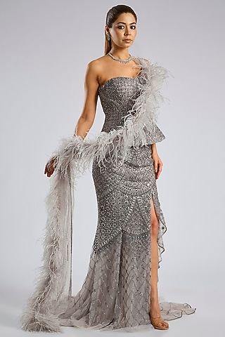 Grey Tulle Net Lehenga Set by Dolly J