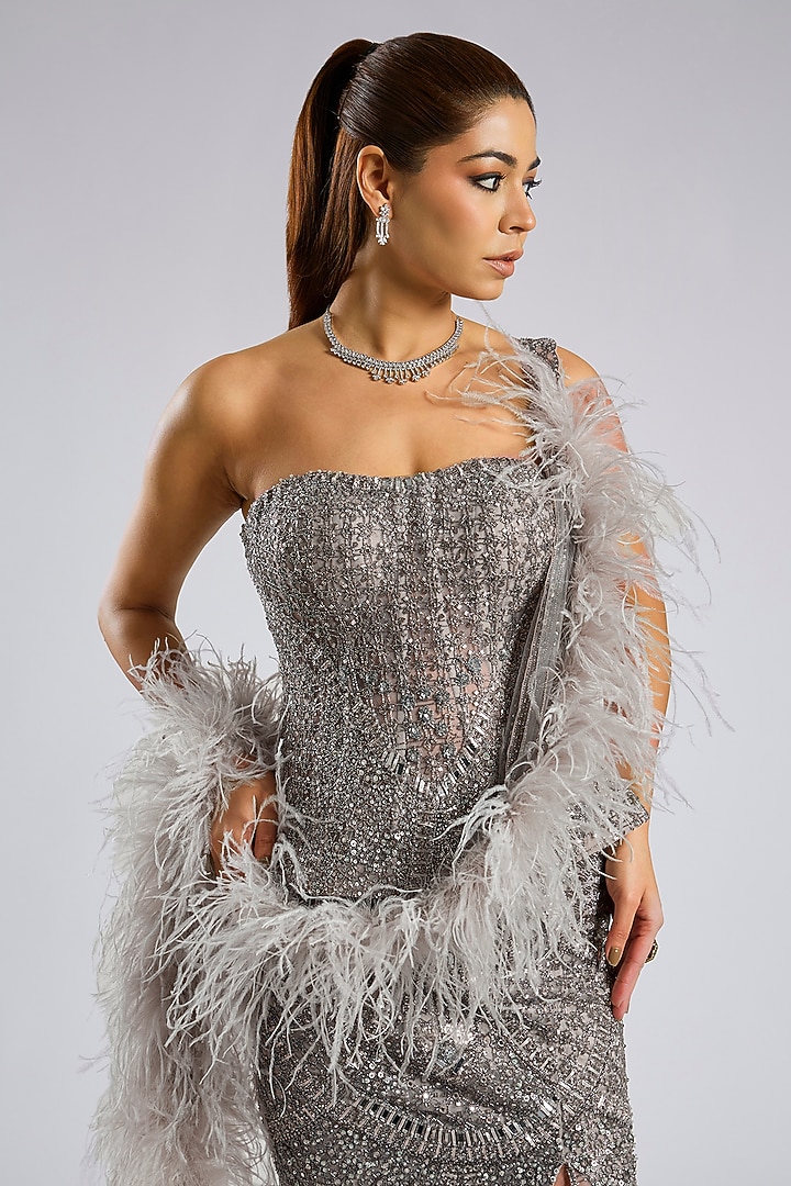 Grey Tulle Net Bridal Lehenga Set by Dolly J at Pernia's Pop Up Shop