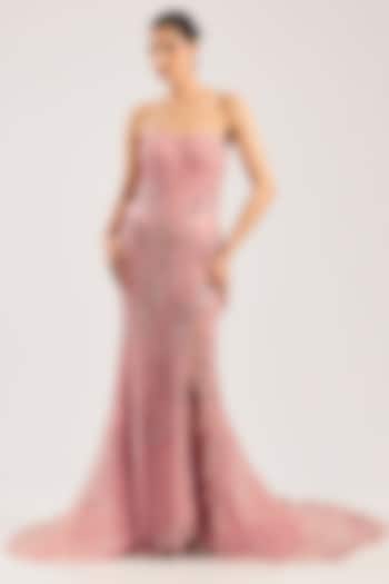 Baby Pink Net Hand Embellished Bridal Gown by Dolly J at Pernia's Pop Up Shop