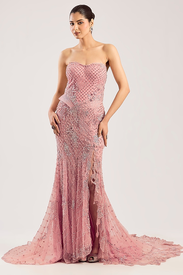 Baby Pink Net Hand Embellished Bridal Gown by Dolly J at Pernia's Pop Up Shop