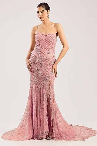 Baby Pink Net Hand Embellished Gown by Dolly J