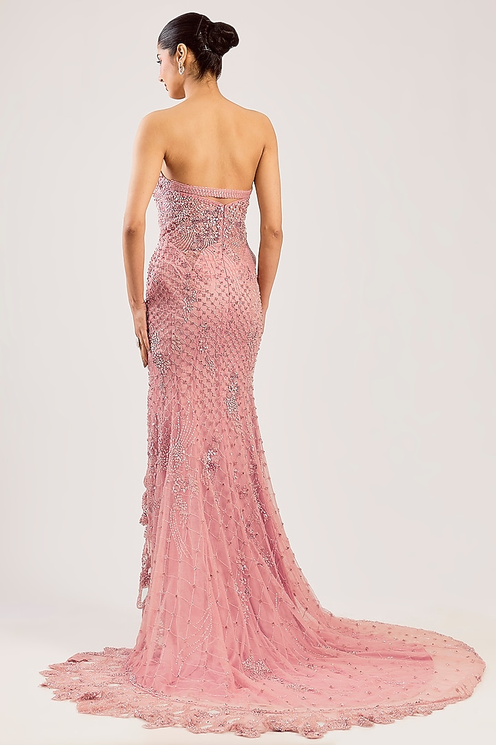 Baby Pink Net Hand Embellished Bridal Gown by Dolly J at Pernia's Pop Up Shop