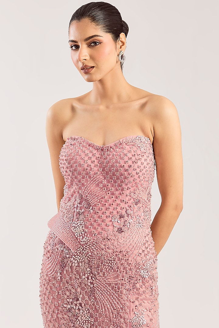 Baby Pink Net Hand Embellished Bridal Gown by Dolly J at Pernia's Pop Up Shop