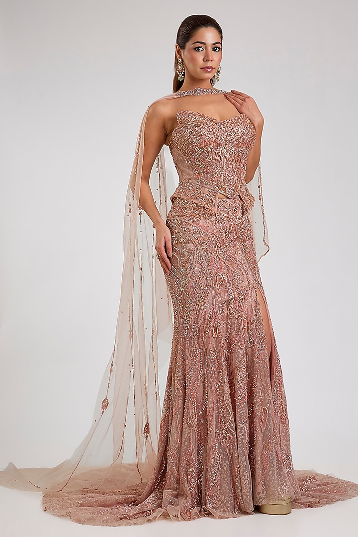 Blush Pink Pure Butterfly Net Bridal Lehenga Set by Dolly J at Pernia's Pop Up Shop