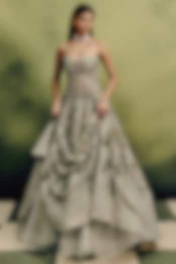 Pistachio Green Woven Organza Jacquard Ball Bridal Gown by Dolly J at Pernia's Pop Up Shop