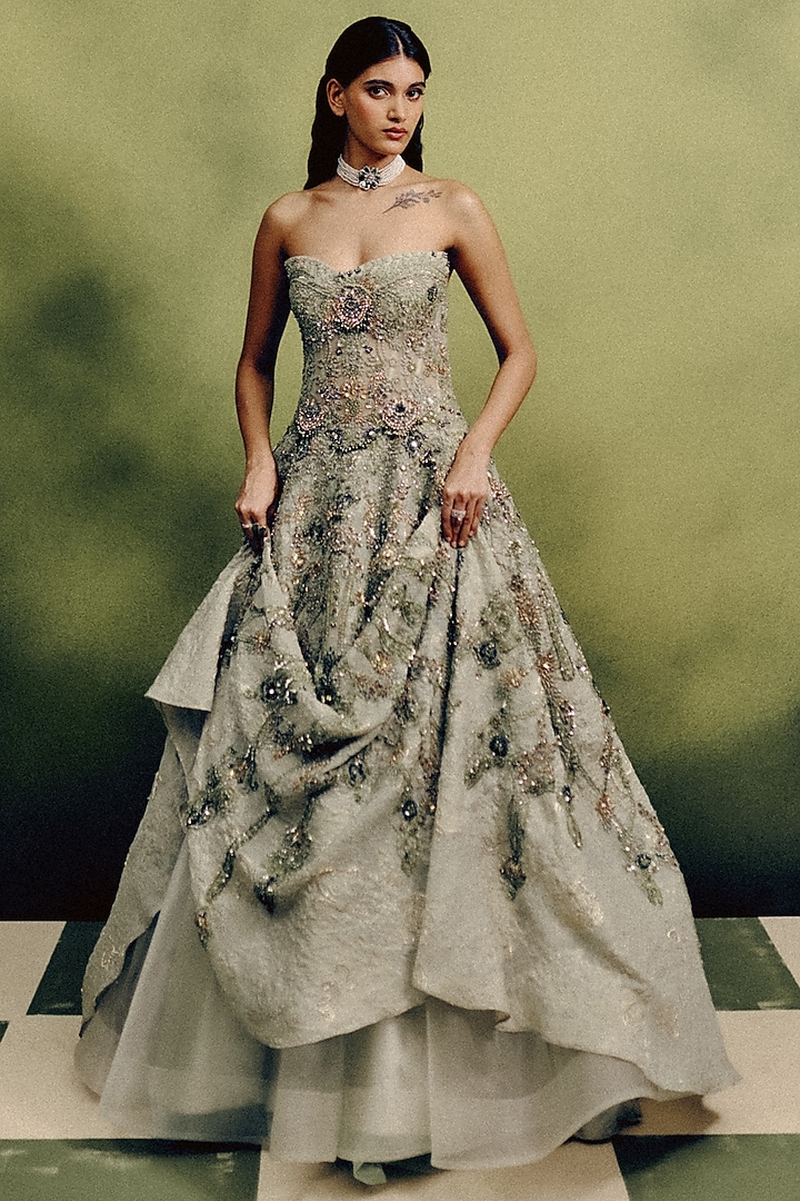 Pistachio Green Woven Organza Jacquard Ball Bridal Gown by Dolly J at Pernia's Pop Up Shop