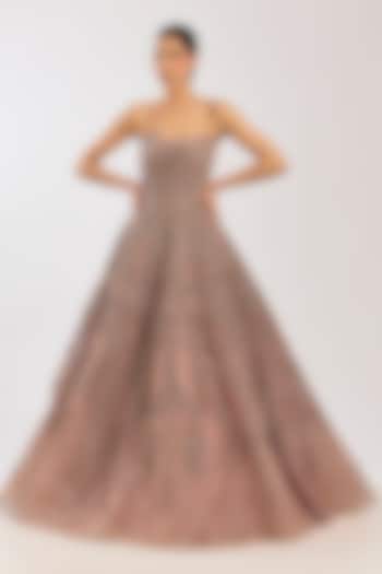 Blush Pink Woven Organza Jacquard Hand Embellished Bridal Gown by Dolly J at Pernia's Pop Up Shop