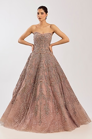 Blush Pink Woven Organza Jacquard Hand Embellished Gown by Dolly J