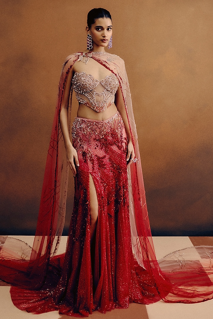 Blood Red Net Hand Embroidered Skirt Set by Dolly J at Pernia's Pop Up Shop