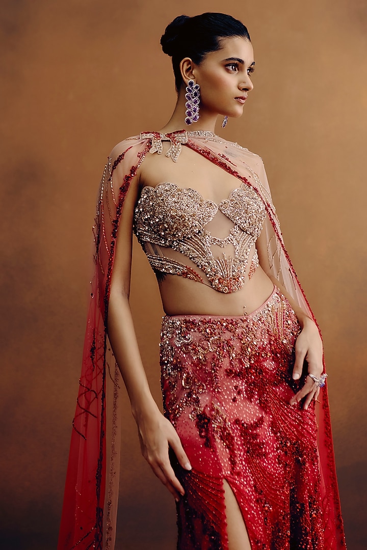 Blood Red Net Hand Embroidered Skirt Set by Dolly J at Pernia's Pop Up Shop