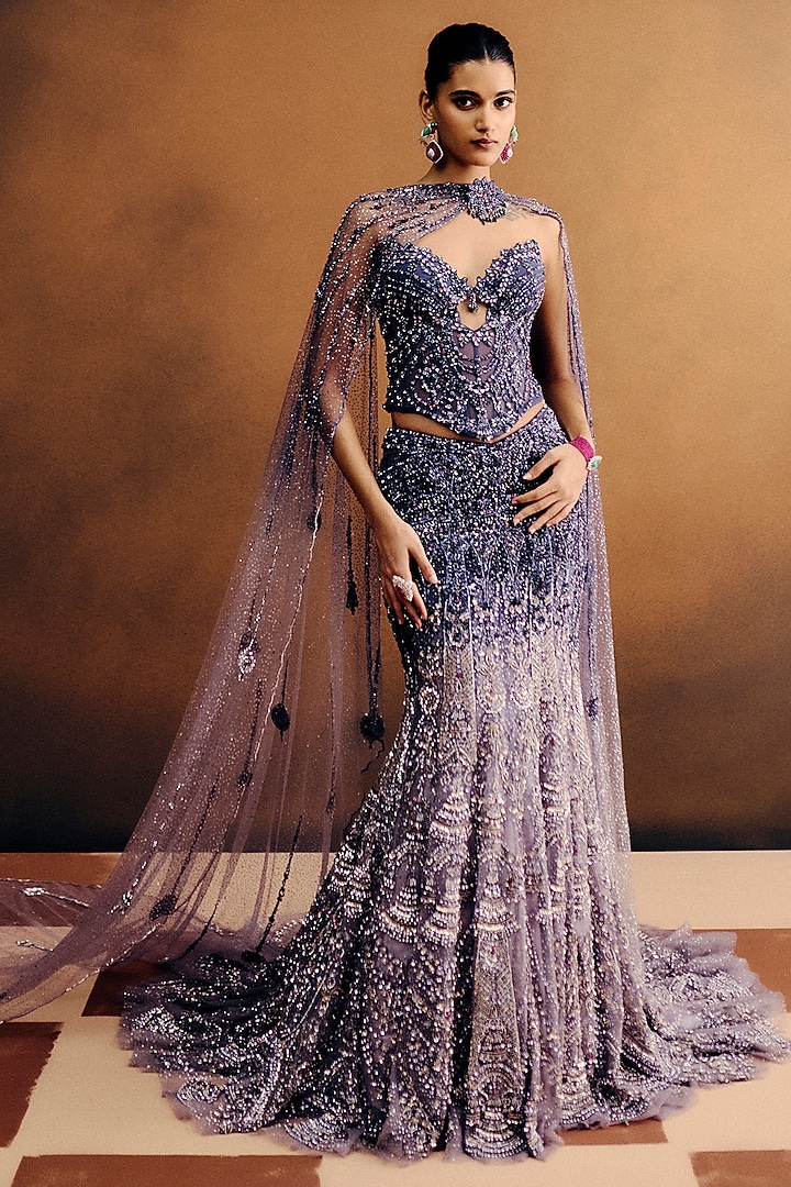 Ultra Violet & Lavender Ombre Net Skirt Set by Dolly J at Pernia's Pop Up Shop