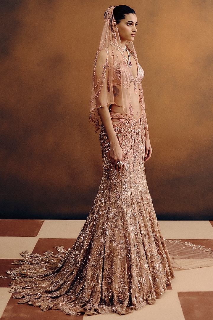 Copper Net Crystal Embellished Bridal Lehenga Set by Dolly J at Pernia's Pop Up Shop