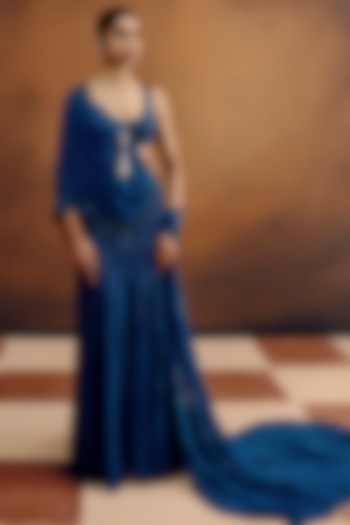 Deep Teal Georgette Hand Embroidered Draped Skirt Bridal Saree Set by Dolly J at Pernia's Pop Up Shop