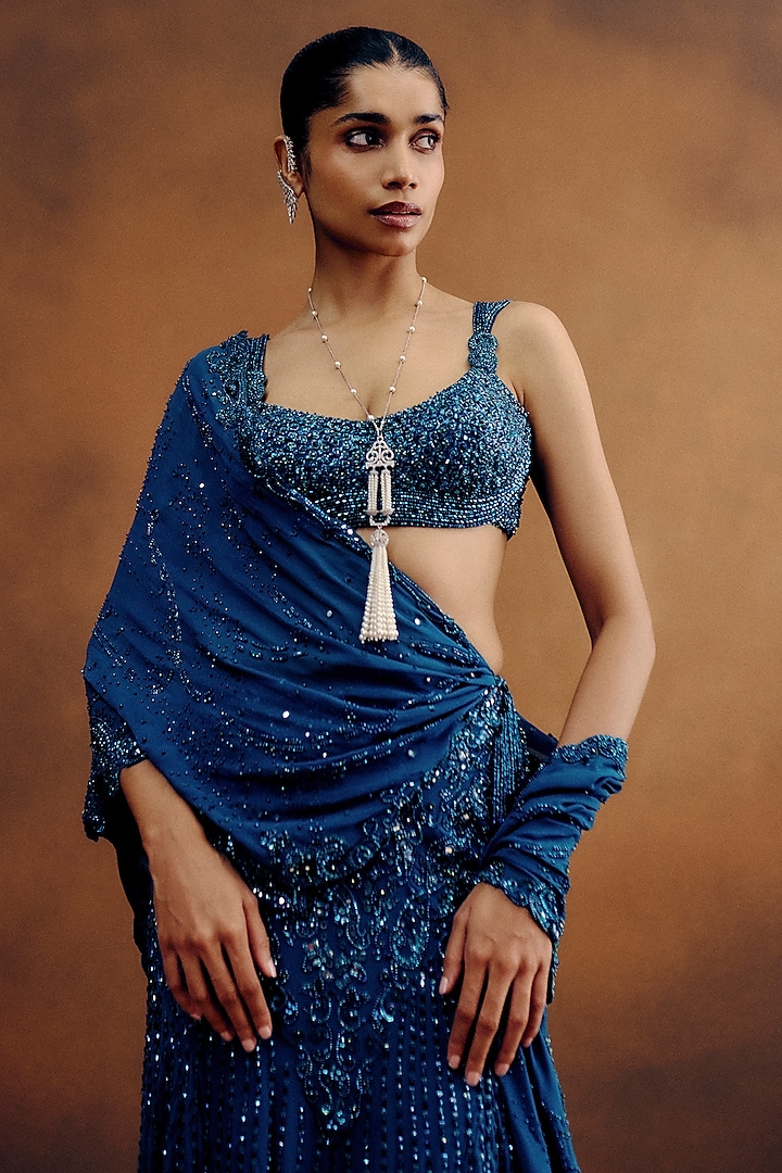Deep Teal Georgette Hand Embroidered Draped Skirt Bridal Saree Set by Dolly J at Pernia's Pop Up Shop