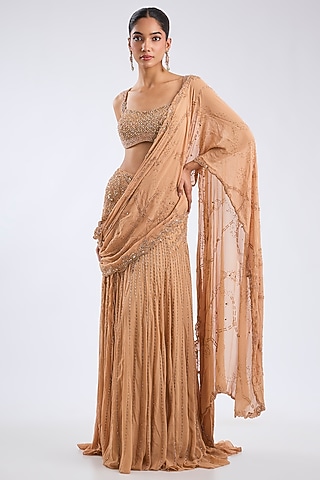 Gold Georgette Crystal Embellished Draped Saree Set by Dolly J