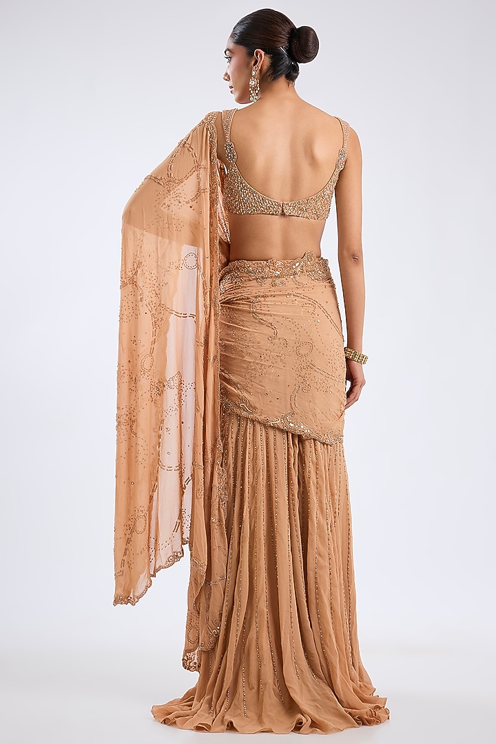 Gold Georgette Crystal Embellished Draped Bridal Saree Set by Dolly J at Pernia's Pop Up Shop