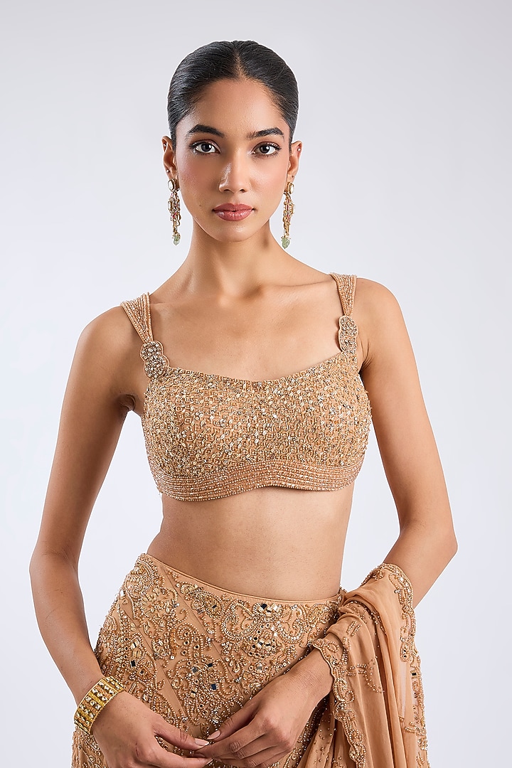 Gold Georgette Crystal Embellished Draped Bridal Saree Set by Dolly J at Pernia's Pop Up Shop