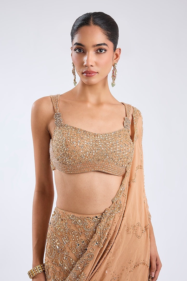 Gold Georgette Crystal Embellished Draped Bridal Saree Set by Dolly J at Pernia's Pop Up Shop