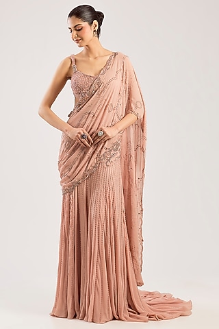 Blush Pink Georgette Hand Embellished Draped Saree Set by Dolly J