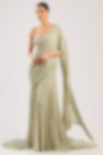 Pistachio Green Georgette Hand Embellished Draped Bridal Saree Set by Dolly J at Pernia's Pop Up Shop