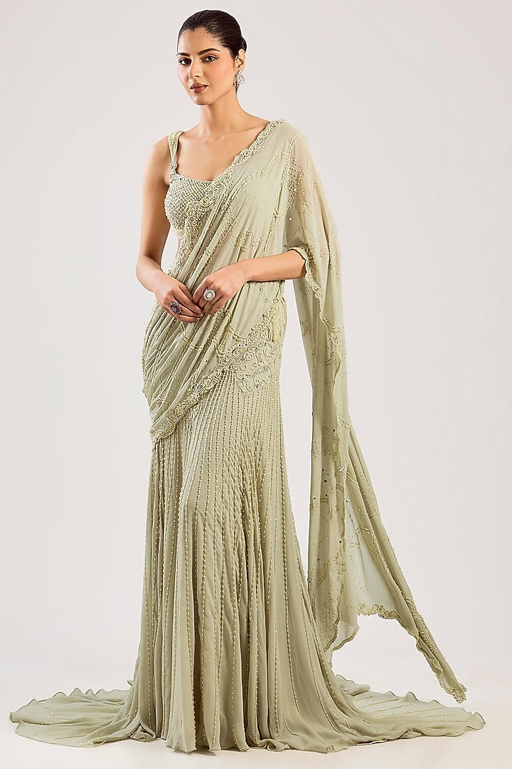 Pistachio Green Georgette Hand Embellished Draped Bridal Saree Set by Dolly J at Pernia's Pop Up Shop
