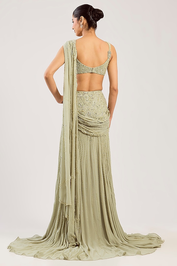 Pistachio Green Georgette Hand Embellished Draped Bridal Saree Set by Dolly J at Pernia's Pop Up Shop