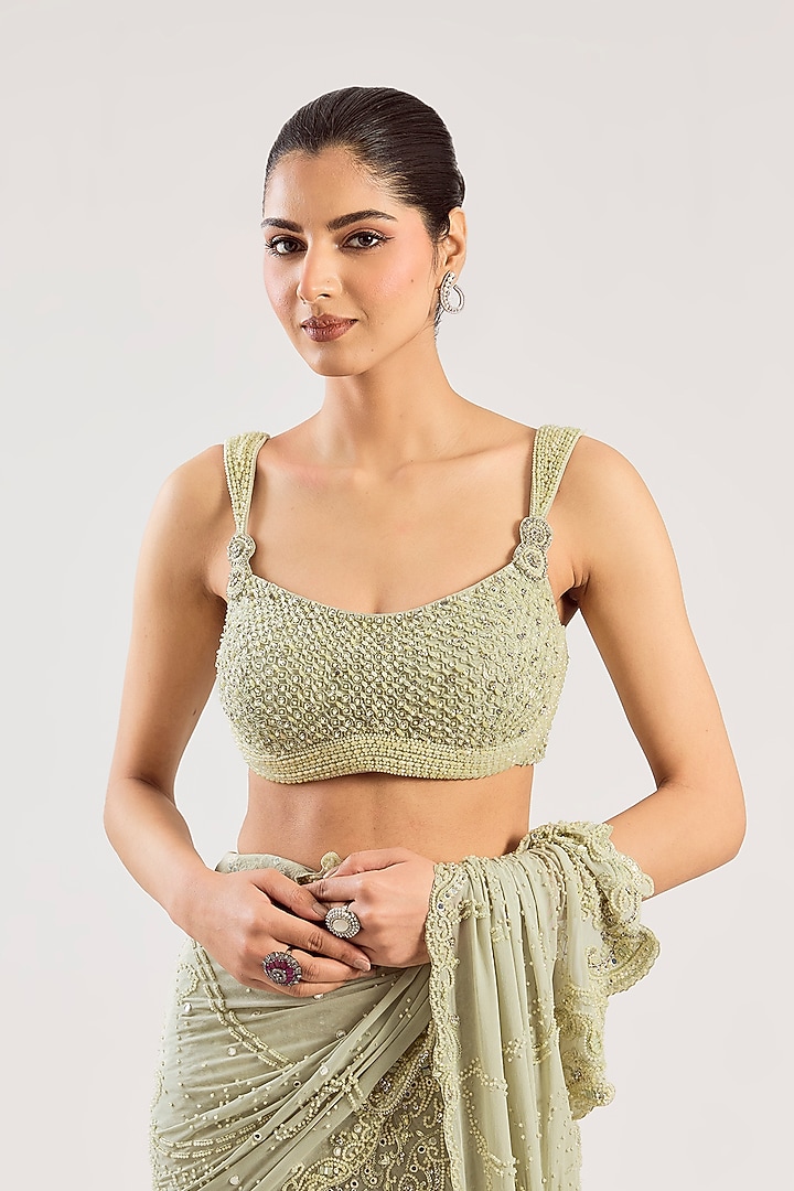 Pistachio Green Georgette Hand Embellished Draped Bridal Saree Set by Dolly J at Pernia's Pop Up Shop