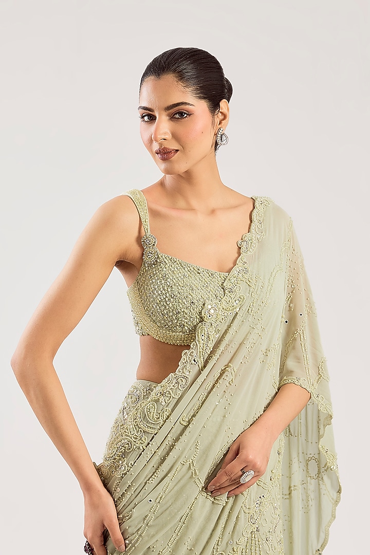 Pistachio Green Georgette Hand Embellished Draped Bridal Saree Set by Dolly J at Pernia's Pop Up Shop