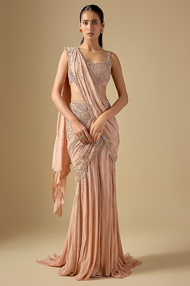 Copper Georgette Embroidered Draped Skirt Bridal Saree Set by Dolly J at Pernia's Pop Up Shop