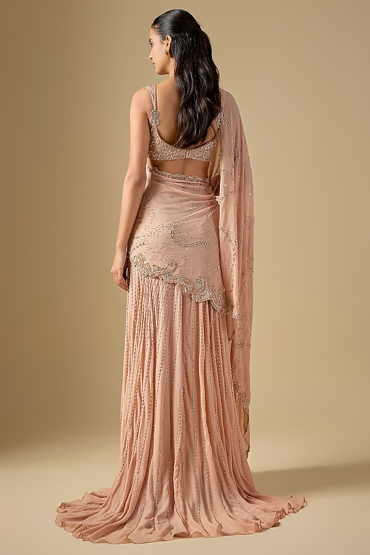 Copper Georgette Embroidered Draped Skirt Bridal Saree Set by Dolly J at Pernia's Pop Up Shop
