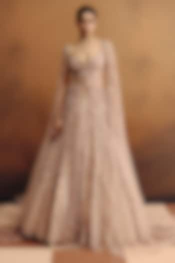 Nude Shimmer Net Hand Embroidered Jacket Kurta Set by Dolly J at Pernia's Pop Up Shop