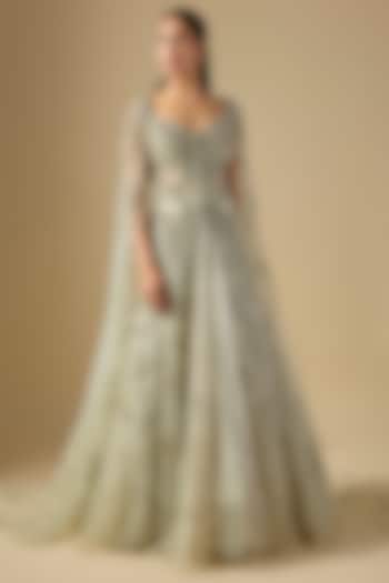 Pistachio Green Shimmer Net Hand Embroidered Jacket Set by Dolly J at Pernia's Pop Up Shop