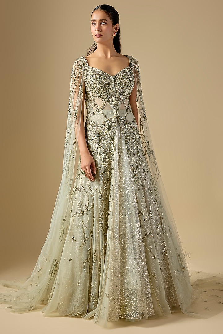 Pistachio Green Shimmer Net Hand Embroidered Jacket Set by Dolly J at Pernia's Pop Up Shop