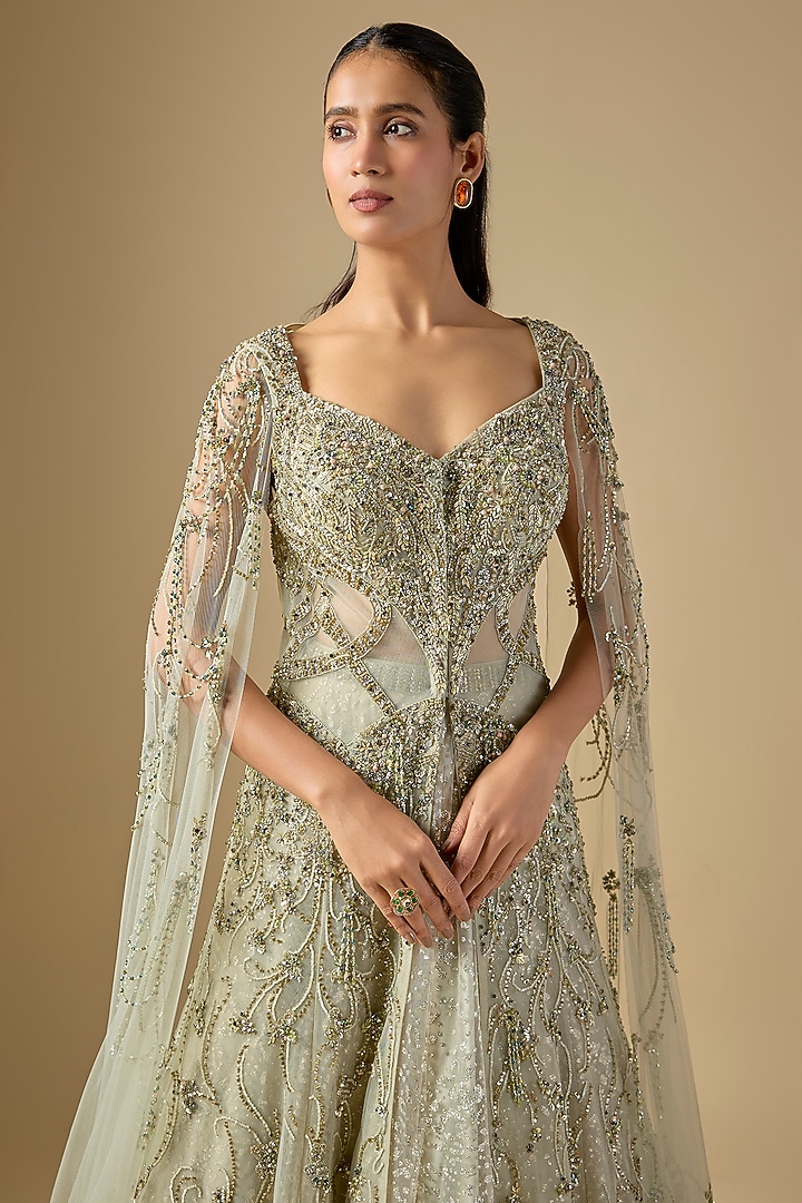 Pistachio Green Shimmer Net Hand Embroidered Jacket Set by Dolly J at Pernia's Pop Up Shop