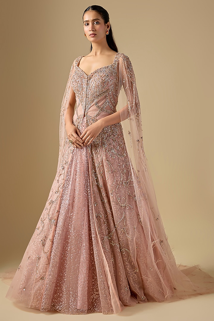 Baby Pink Shimmer Net Hand Embroidered Jacket Set by Dolly J at Pernia's Pop Up Shop