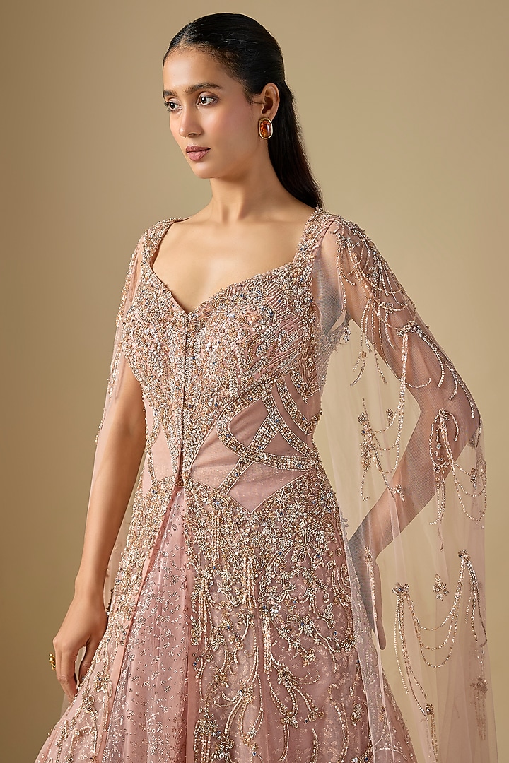 Baby Pink Shimmer Net Hand Embroidered Jacket Set by Dolly J at Pernia's Pop Up Shop