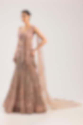 Pale Blush Tulle Hand Embroidered Bridal Lehenga Set by Dolly J at Pernia's Pop Up Shop