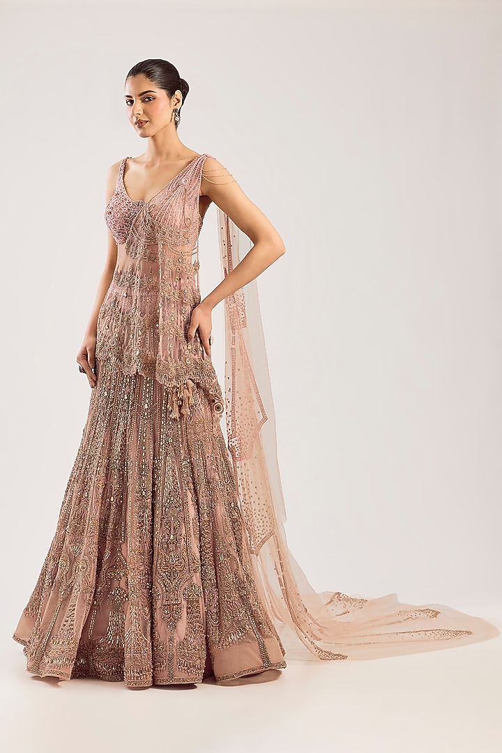 Pale Blush Tulle Hand Embroidered Bridal Lehenga Set by Dolly J at Pernia's Pop Up Shop