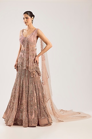 Pale Blush Tulle Hand Embroidered Lehenga Set by Dolly J