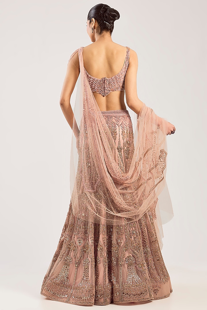 Pale Blush Tulle Hand Embroidered Bridal Lehenga Set by Dolly J at Pernia's Pop Up Shop