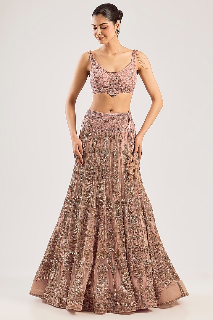 Pale Blush Tulle Hand Embroidered Bridal Lehenga Set by Dolly J at Pernia's Pop Up Shop