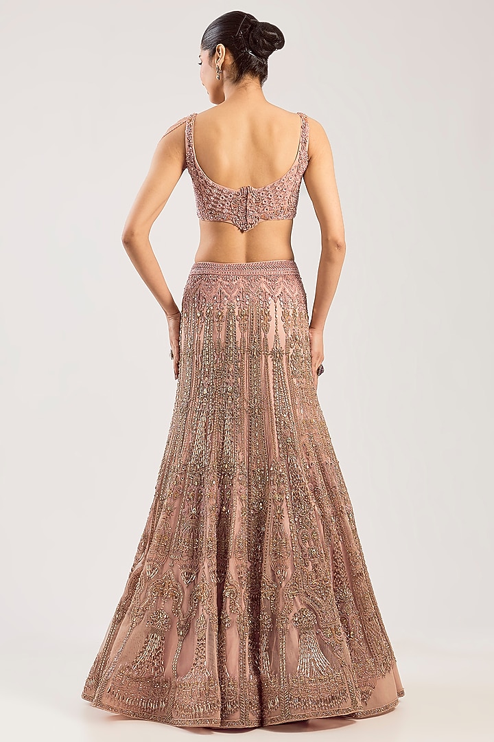 Pale Blush Tulle Hand Embroidered Bridal Lehenga Set by Dolly J at Pernia's Pop Up Shop