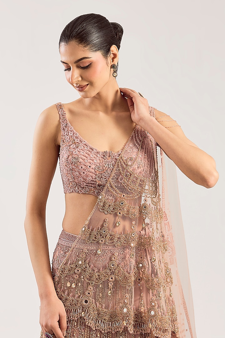 Pale Blush Tulle Hand Embroidered Bridal Lehenga Set by Dolly J at Pernia's Pop Up Shop