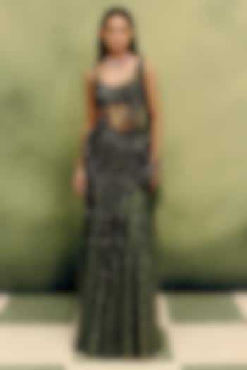 Moss Green Shimmer Net Hand Embroidered Draped Skirt Reception Saree Set by Dolly J at Pernia's Pop Up Shop