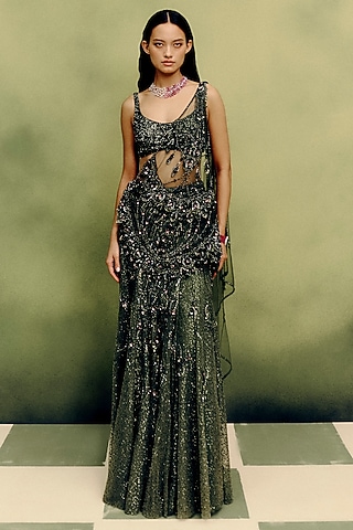 Moss Green Shimmer Net Hand Embroidered Draped Skirt Saree Set by Dolly J