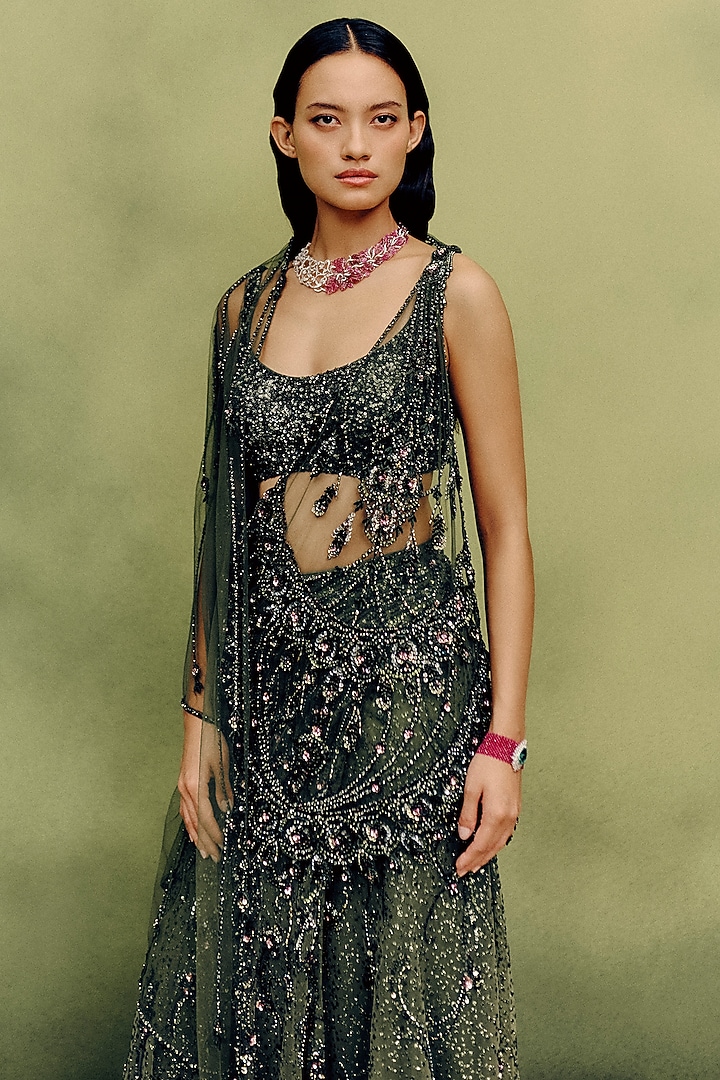 Moss Green Shimmer Net Hand Embroidered Draped Skirt Reception Saree Set by Dolly J at Pernia's Pop Up Shop